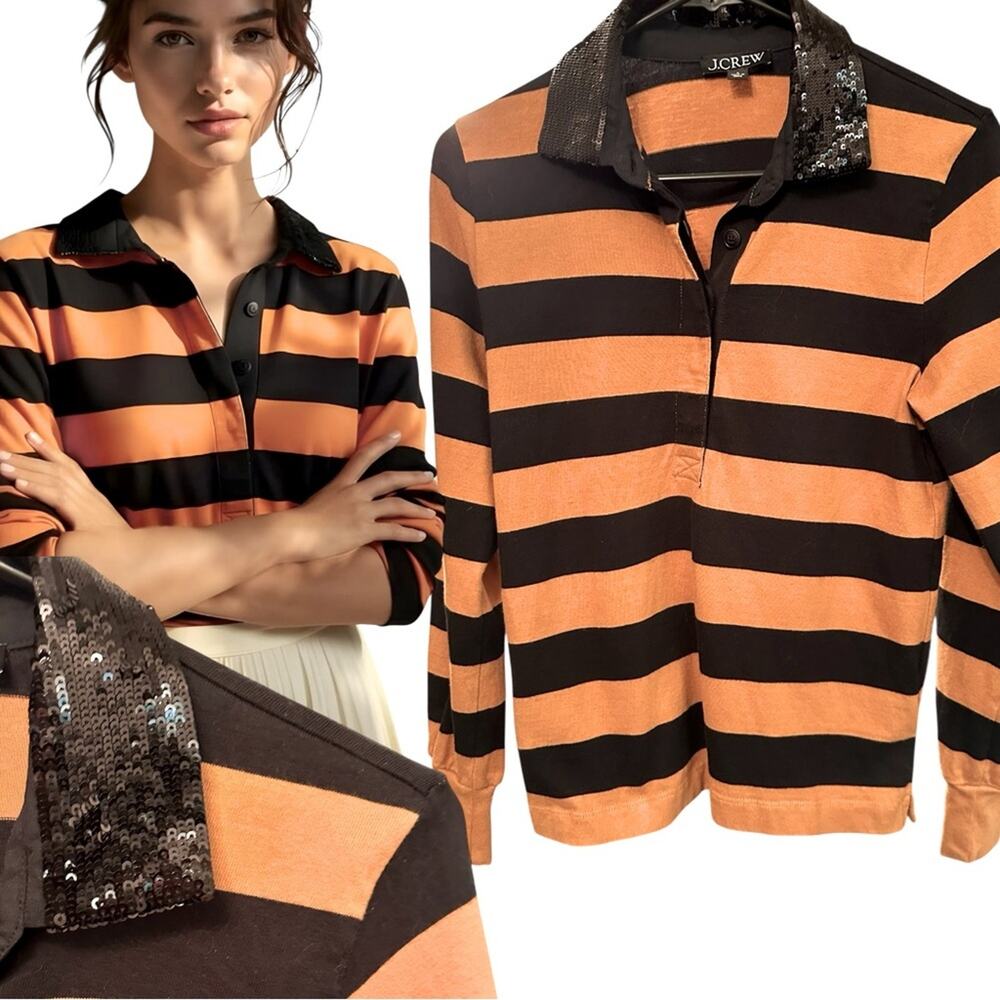 J. Crew Orange and Black Striped Sequin Rugby Shirt Polo Orange Black SZ Small